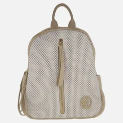 Mochilas Carmela en combinado beige de piel serraje y tejido