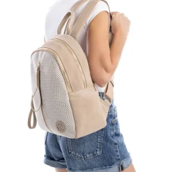 Mochilas Carmela en combinado beige de piel serraje y tejido