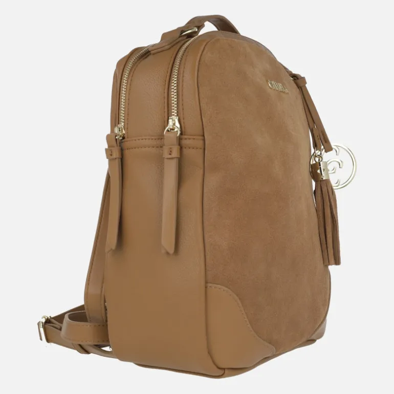 Mochilas de piel serraje color cuero con adorno de borla
