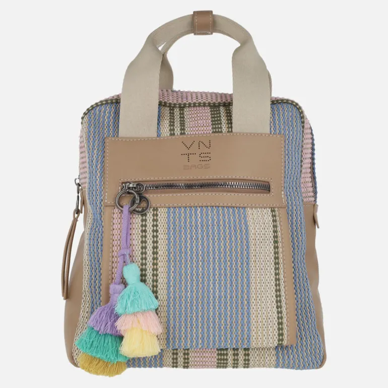 Mochilas en tejido multicolor con adorno de borlas