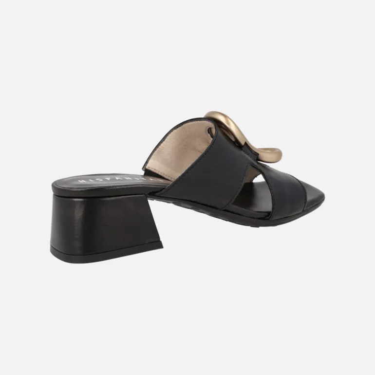 Mules de piel con adorno dorado y tacón ancho