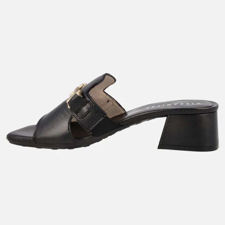 Mules de piel con adorno metálico y tacón ancho