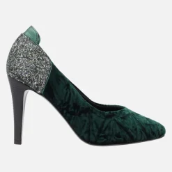 Salones de tacón alto en terciopelo verde con talón de glitter