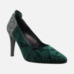 Salones de tacón alto en terciopelo verde con talón de glitter