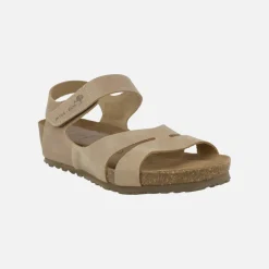 Sandalias bio de piel color beige con cuña y cierre de velcro