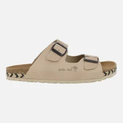 Sandalias bio de piel con dos hebillas y tira de esparto bicolor