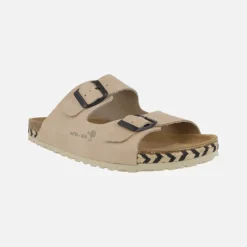 Sandalias bio de piel con dos hebillas y tira de esparto bicolor