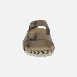 Sandalias bio de piel con dos hebillas y tira de esparto bicolor