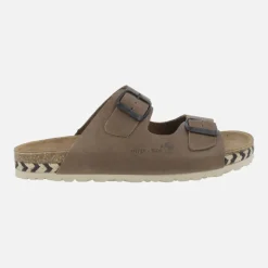 Sandalias bio de piel con dos hebillas y tira de esparto bicolor