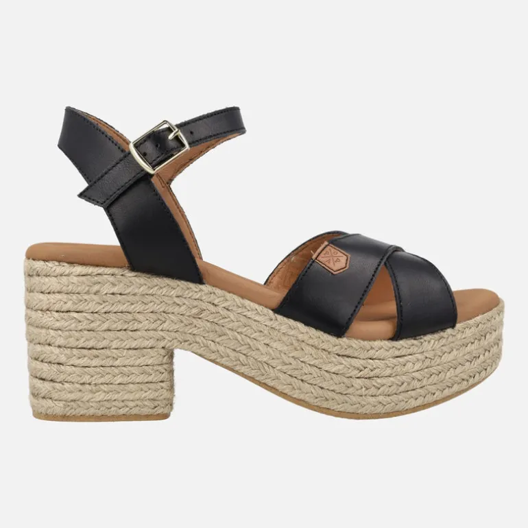 SANDALIAS CLIFTON EN PIEL NEGRA CON TACÓN Y PLATAFORMA DE YUTE
