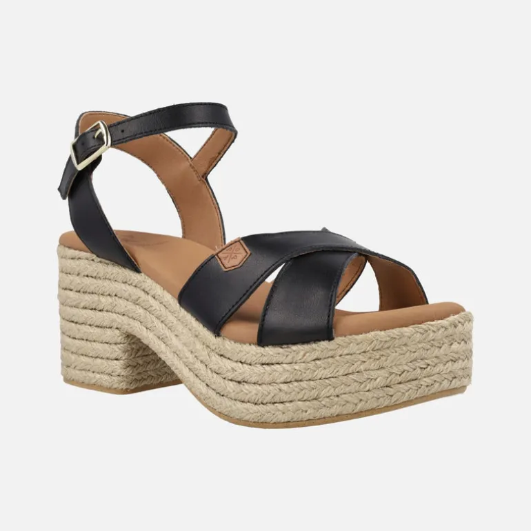 SANDALIAS CLIFTON EN PIEL NEGRA CON TACÓN Y PLATAFORMA DE YUTE
