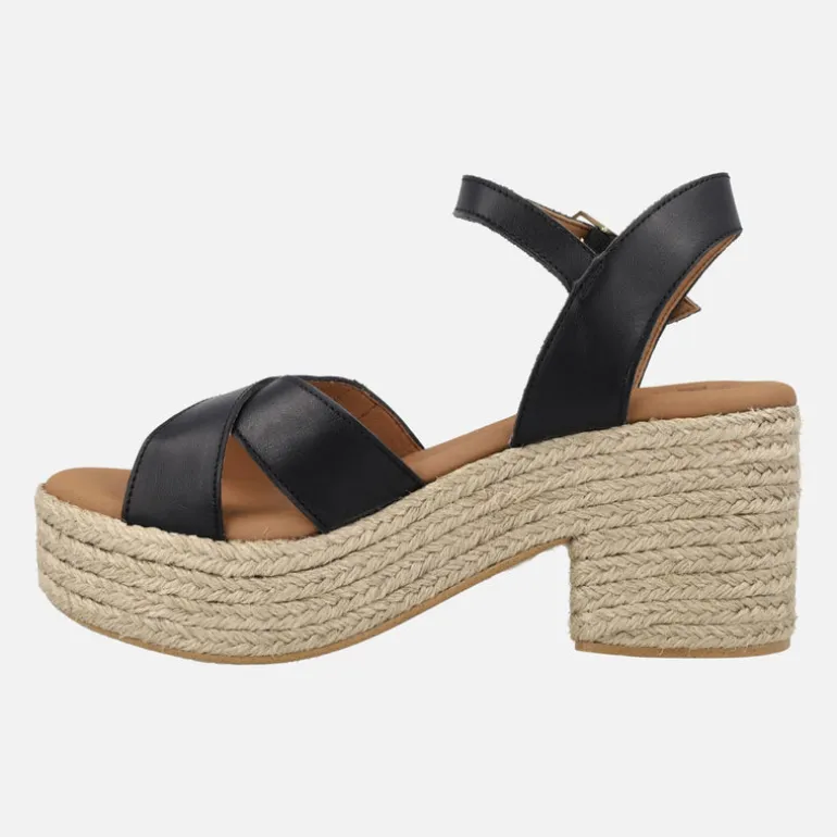 SANDALIAS CLIFTON EN PIEL NEGRA CON TACÓN Y PLATAFORMA DE YUTE