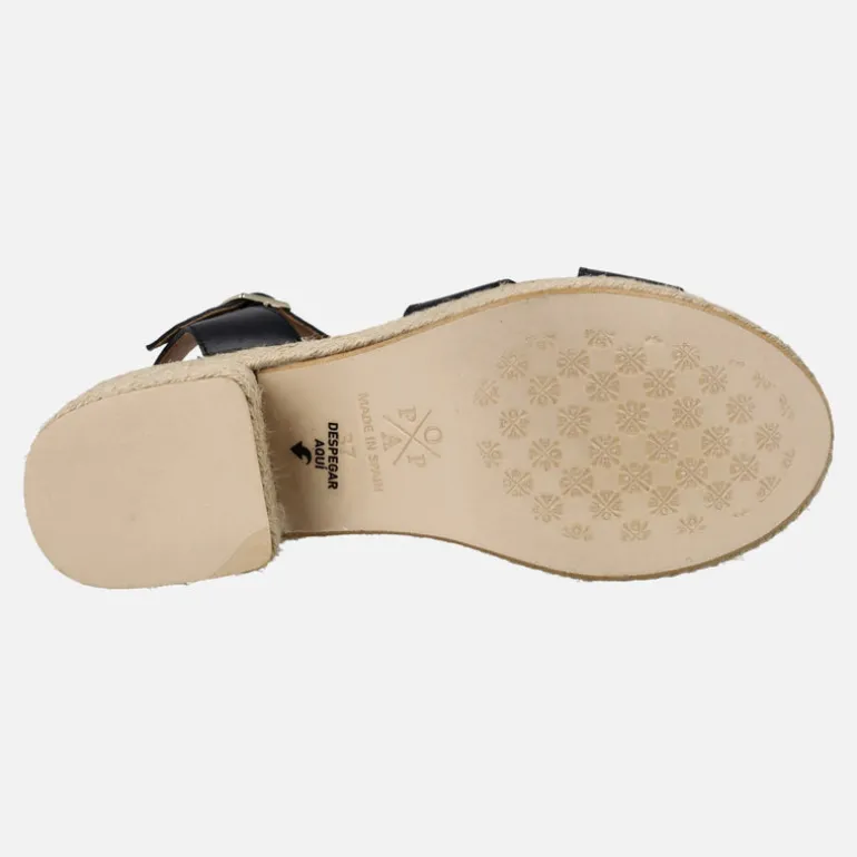 SANDALIAS CLIFTON EN PIEL NEGRA CON TACÓN Y PLATAFORMA DE YUTE