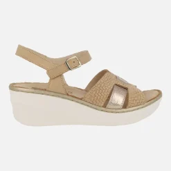 Sandalias combinadas de piel con cuña y pulsera al tobillo