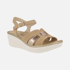 Sandalias combinadas de piel con cuña y pulsera al tobillo