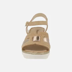 Sandalias combinadas de piel con cuña y pulsera al tobillo
