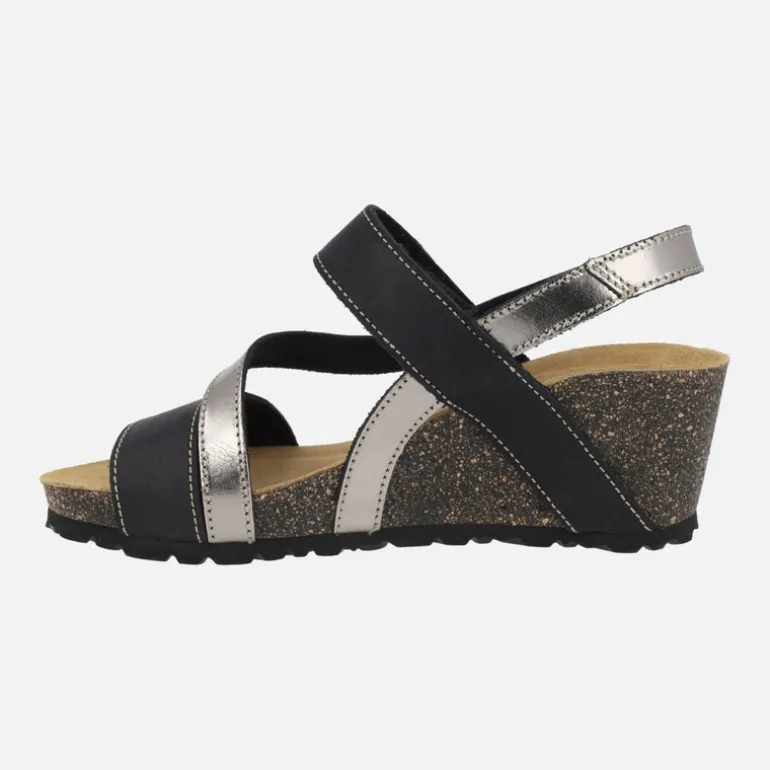 Sandalias combinadas en nobuck negro y metal plata con cierre de velcros