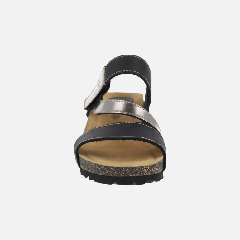 Sandalias combinadas en nobuck negro y metal plata con cierre de velcros