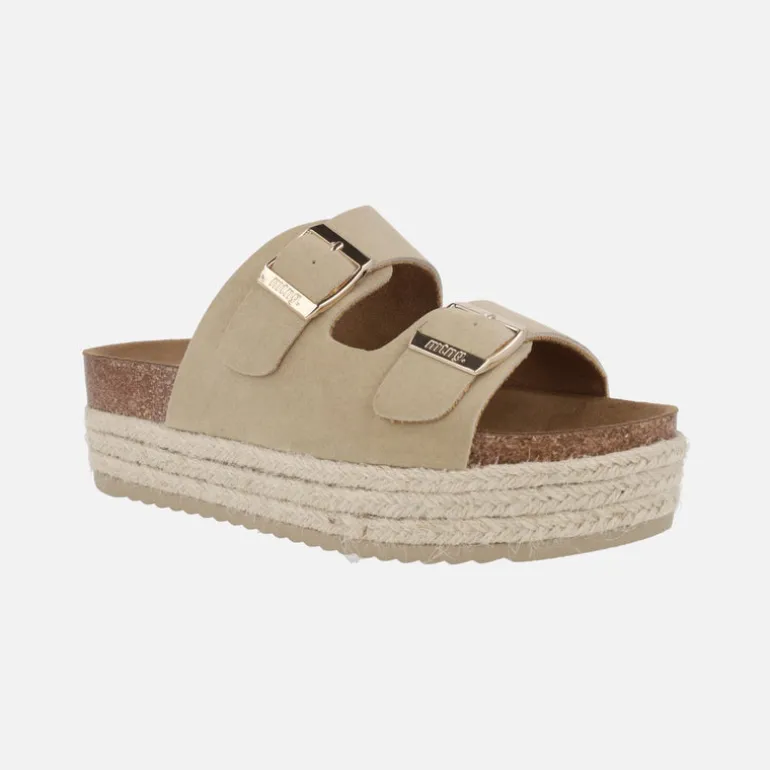 Sandalias con doble hebilla dorada y plataforma combinada con yute