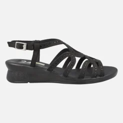 Sandalias confort en piel nobuck negro con detalles de strass