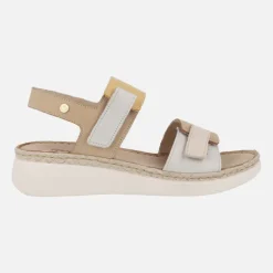 Sandalias confort para mujer en combinado blanco-beige-mostaza-camel
