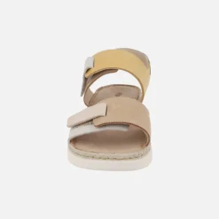 Sandalias confort para mujer en combinado blanco-beige-mostaza-camel