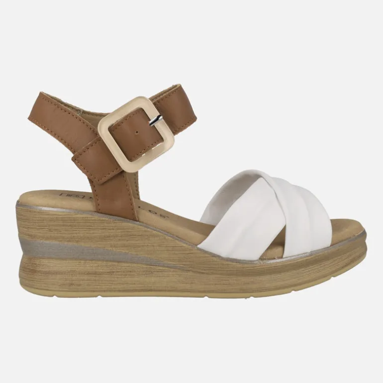Sandalias de cuña en combinado blanco y cuero con hebilla