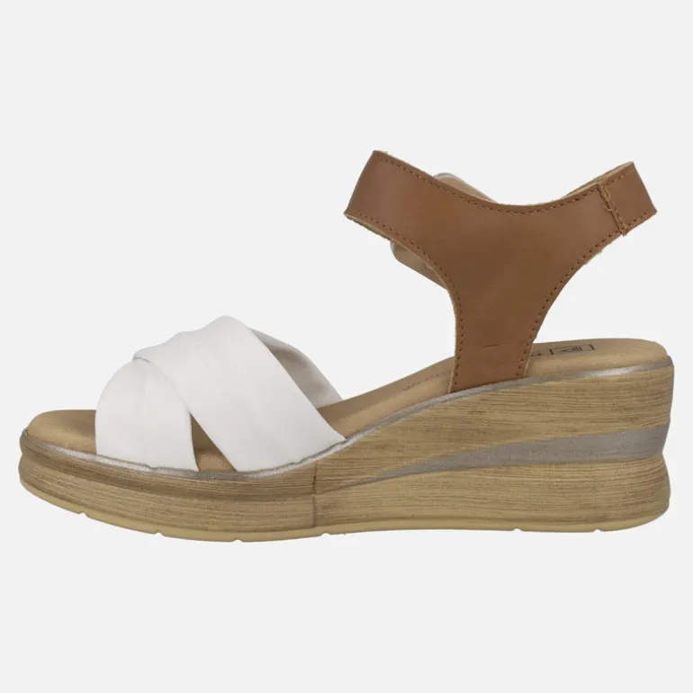 Sandalias de cuña en combinado blanco y cuero con hebilla