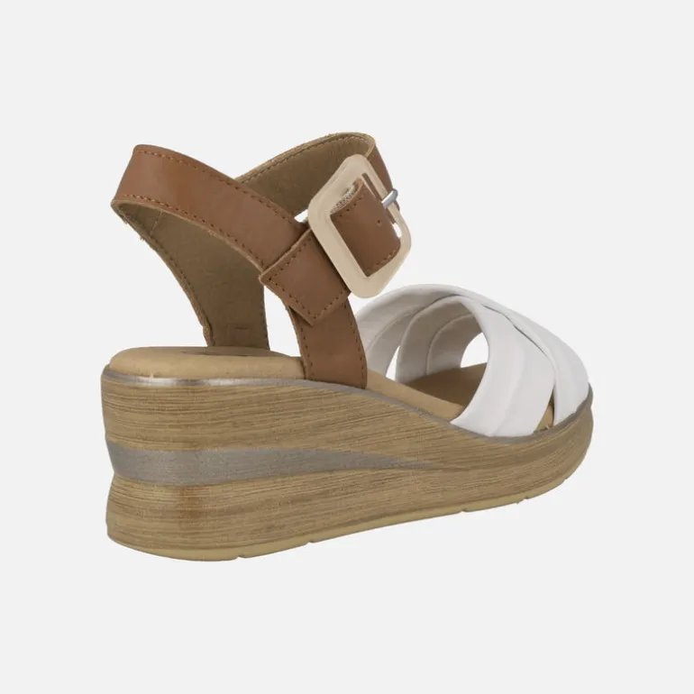 Sandalias de cuña en combinado blanco y cuero con hebilla