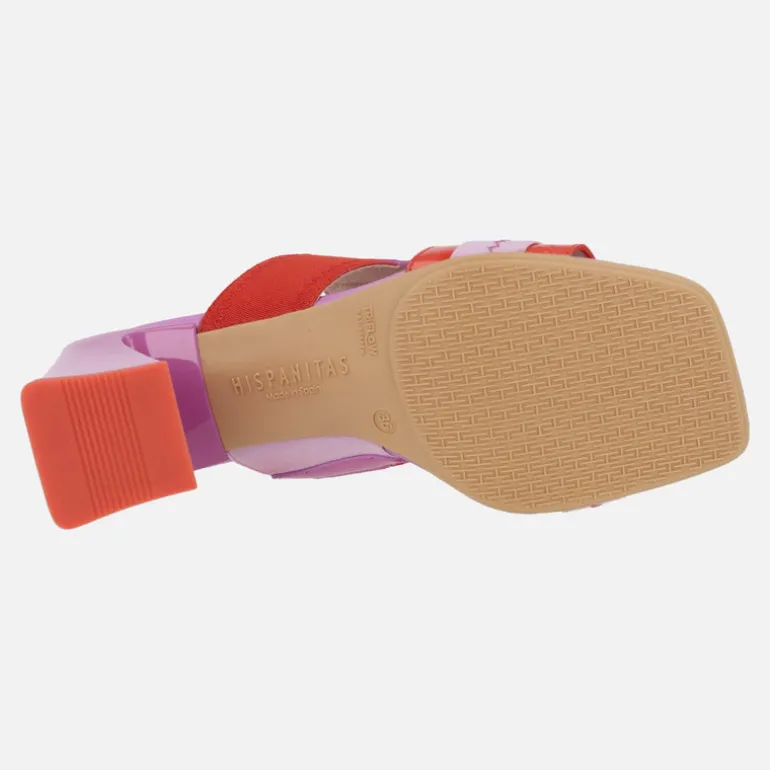 Sandalias de dos tiras en combinado de charol y tejido elástico