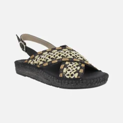 Sandalias de esparto con tiras cruzadas en tejido étnico