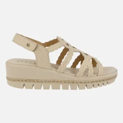 SANDALIAS DE PIEL color beige EFECTO TRENZADO CON CIERRE DE VELCRO