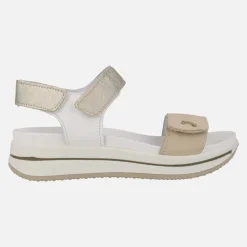 Sandalias de piel combinadas en blanco oro y beige con cierre de velcro