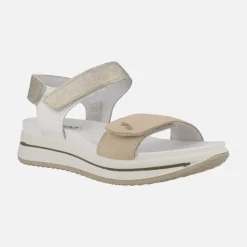 Sandalias de piel combinadas en blanco oro y beige con cierre de velcro