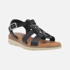Sandalias de piel con cuña baja y cierre de hebilla
