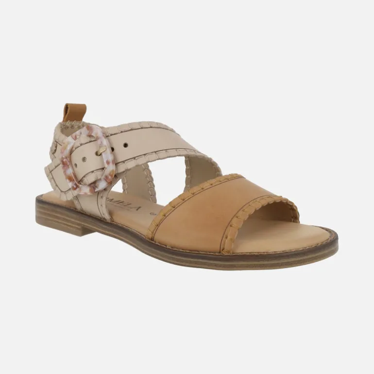 Sandalias de piel con pespuntes y hebilla nacarada