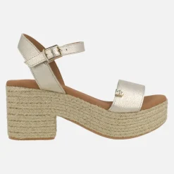 Sandalias de piel con plataforma y tacón de rafia Abaka laminado Oro