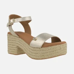 Sandalias de piel con plataforma y tacón de rafia Abaka laminado Oro