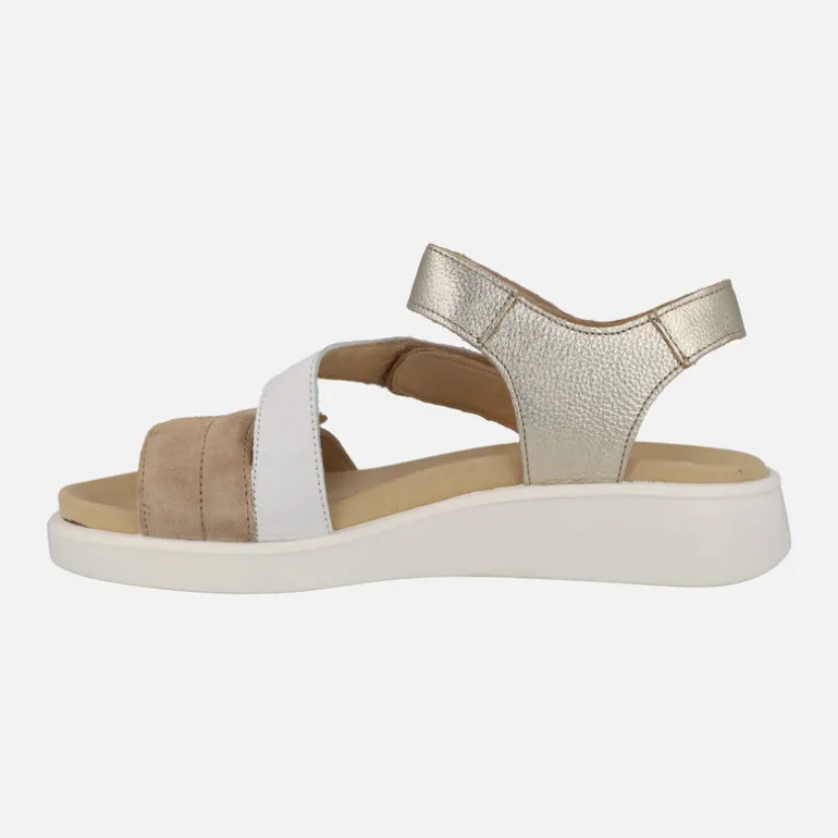 Sandalias de piel en blanco-camel-oro con cierre de velcros
