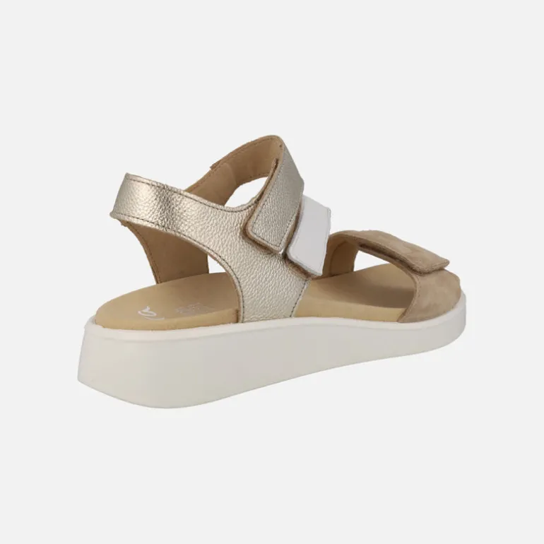Sandalias de piel en blanco-camel-oro con cierre de velcros