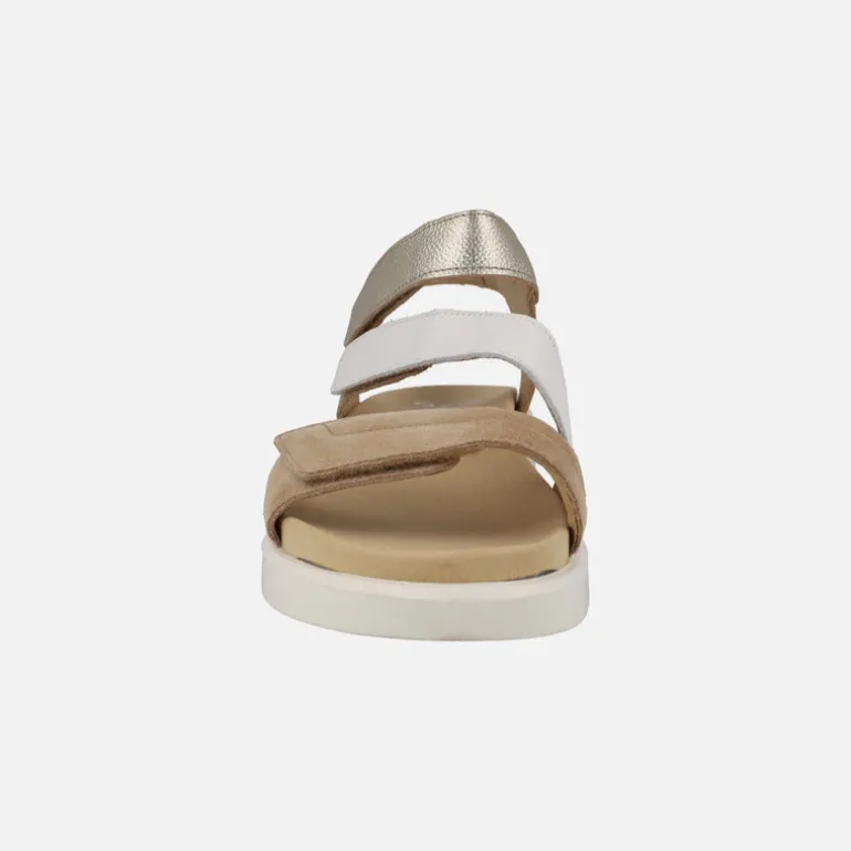 Sandalias de piel en blanco-camel-oro con cierre de velcros