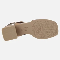 Sandalias de piel en camel con tacón y doble cierre de hebillas