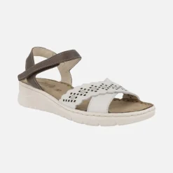 Sandalias de piel en combinado blanco y marrón con detalles troquelados