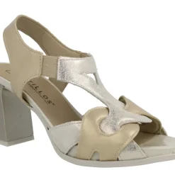 Sandalias de piel en combinado oro con tacón alto
