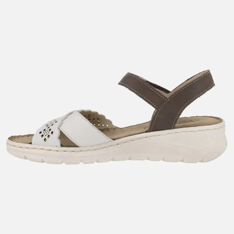 Sandalias de piel en combinado blanco y marrón con detalles troquelados