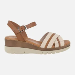 Sandalias de piel en marrón y beige con cierre al tobillo