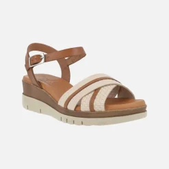 Sandalias de piel en marrón y beige con cierre al tobillo