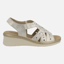Sandalias de piel metalizada dorada con cuña baja