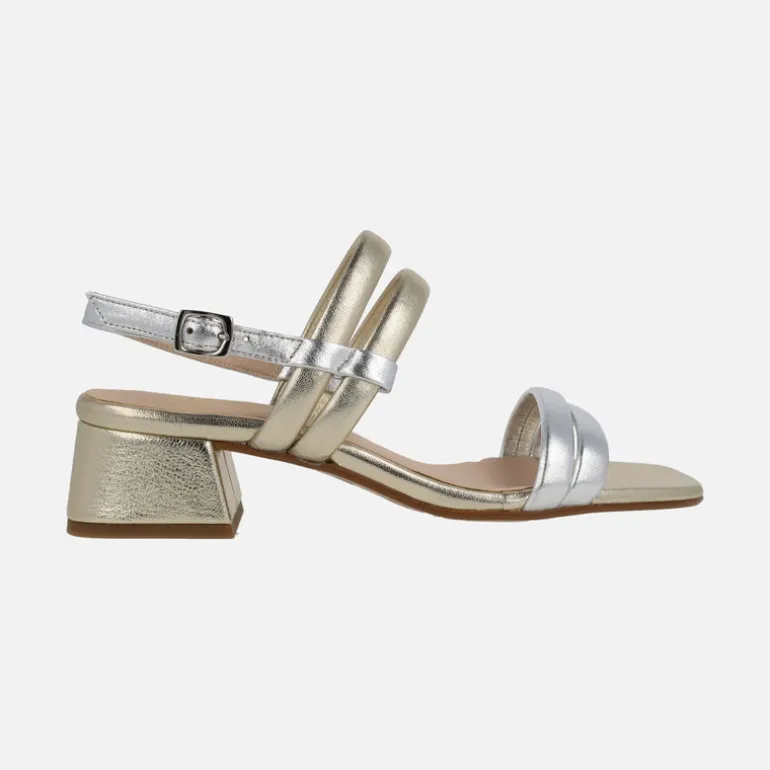 Sandalias de piel metalizadas en combinado oro y plata