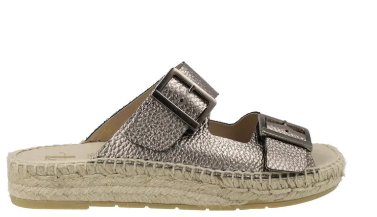 Sandalias de piel metalizada con doble hebilla y piso de esparto